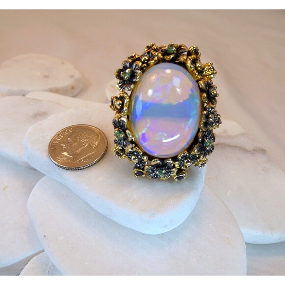 HUGE 26CT Ethiopian Welo Opal Emeralds- Blue Sapphires Sterling Silver Ring - Picture 7 of 11